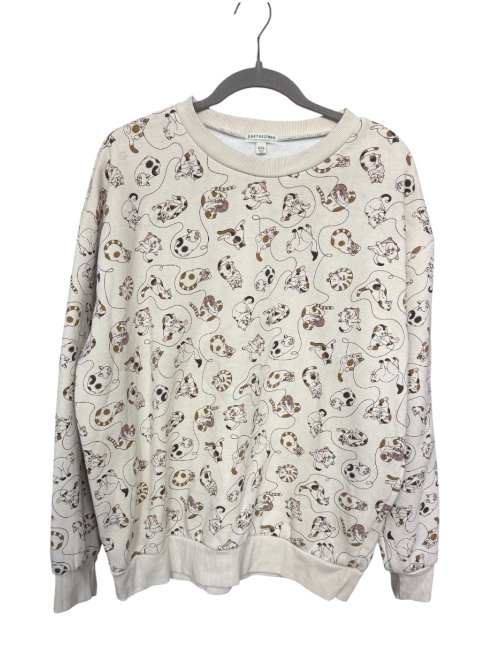 Earthbound Boho Cream Cat Print Crewneck Sweater XXL